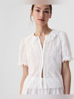 White Eyelet Button-Front Short Sleeve Top